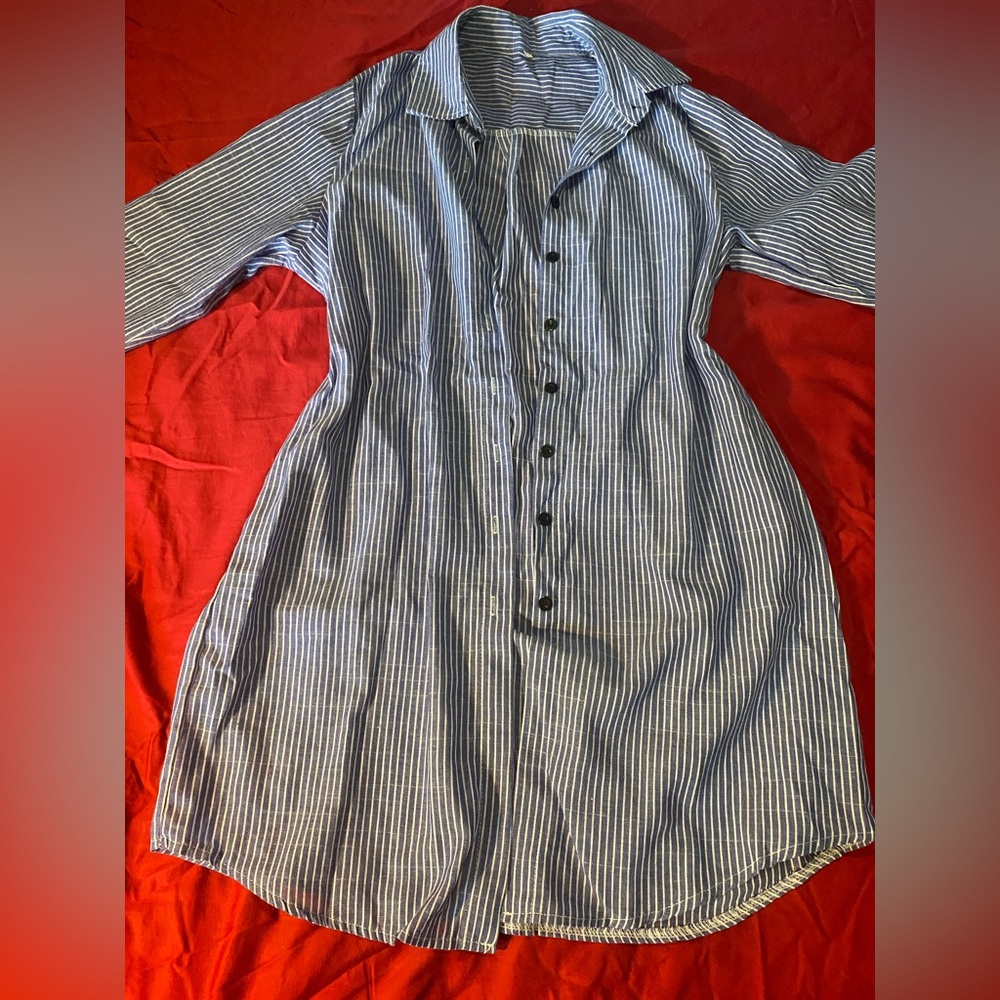 Blue Striped Button-Up Dress Chic Modern Parisian Professional Unique KneeLength